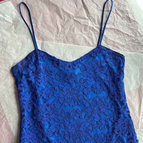 EUC VTG 90s slip M Bretton’s Private Label bright cobalt blue lace overlay MINT - Picture 12 of 16
